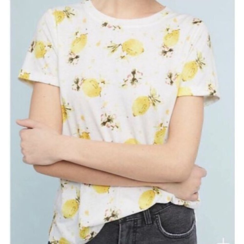 Anthropologie Meadow Rue Lemon Printed Short Sleeve T-Shirt XS